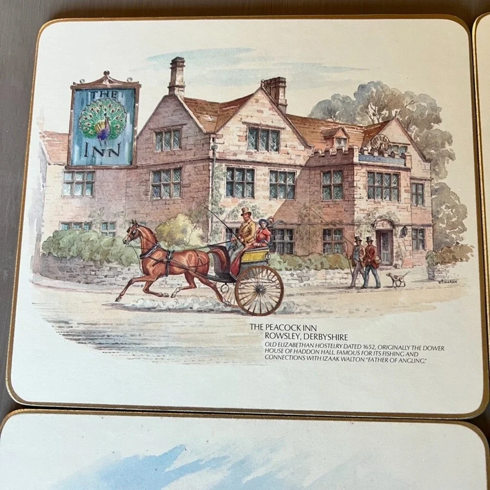 Vintage Cloverleaf Table Mats Set Olde Inns of England Cork Backed Placemats Set